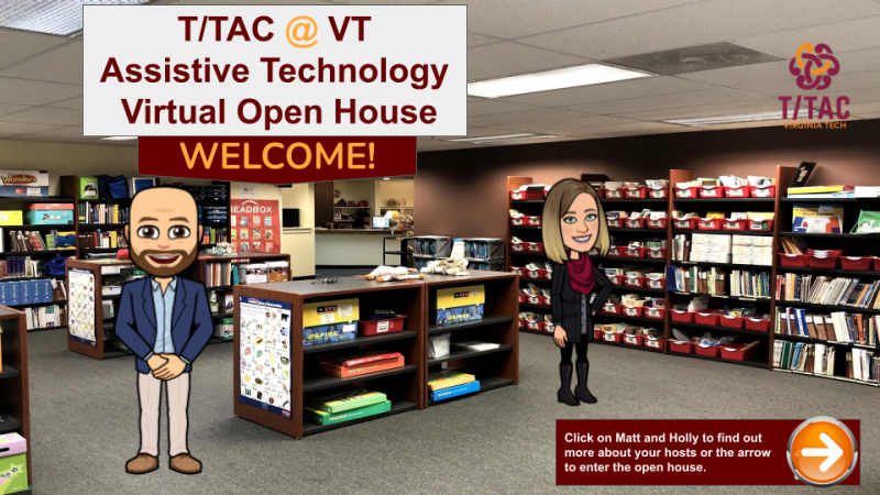 TTAC Virtual Open House Welcome Page.  Matt Newton and Holly Love bitmojis standing in TTAC library.