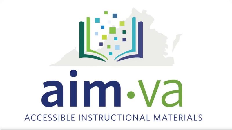 AIM-VA Logo, depicting an opening book in front of the shape of Virginia.