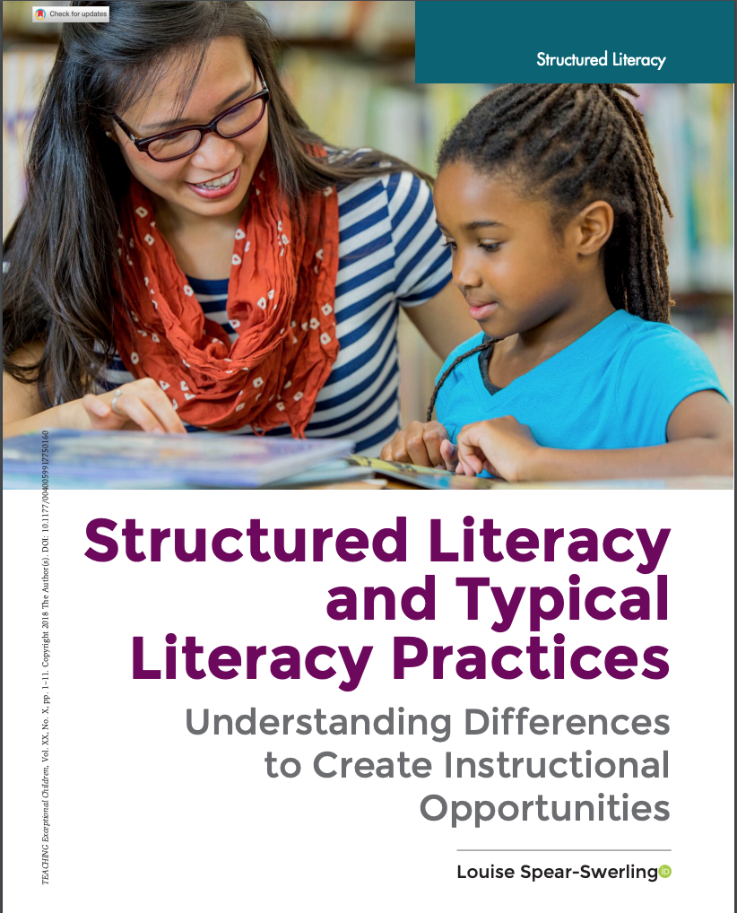 aCover of Structured Literacy Article in Teaching Exceptional Children.  A teacher is shown reading alongside a elementary-aged student.  
