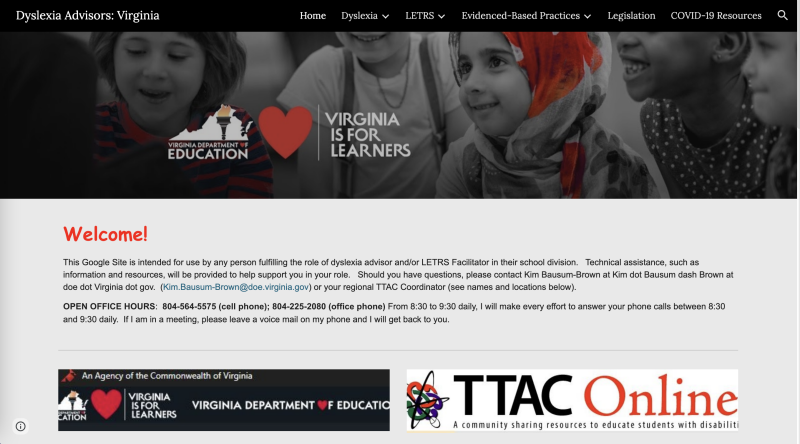 Screenshot of dyslexia advisors of virginia google site homepage