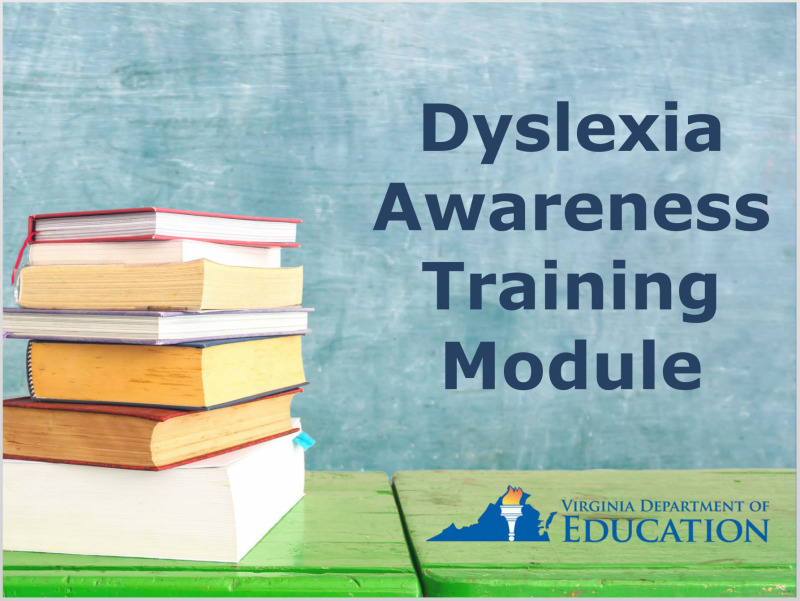 Dyslexia Training Module  Text next to a stack of books.