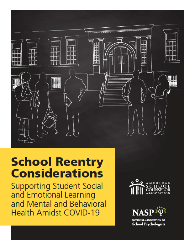 Cover of school reentry considerations document, depicting silhouettes of teenaged students standing in front of a school building.