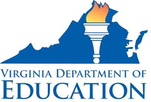Virginia Department of Education Seal, Blue outline of the shape of Virginia with a torch in the center.