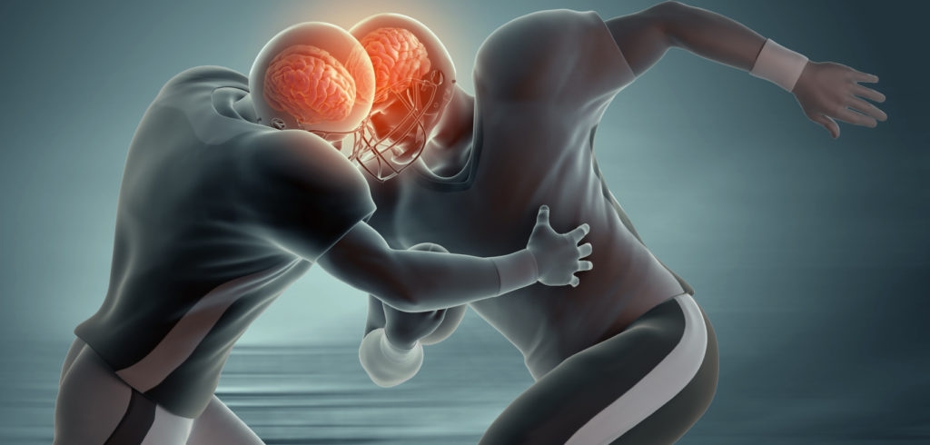 Two football players tackling each others, brains are highlighted.
