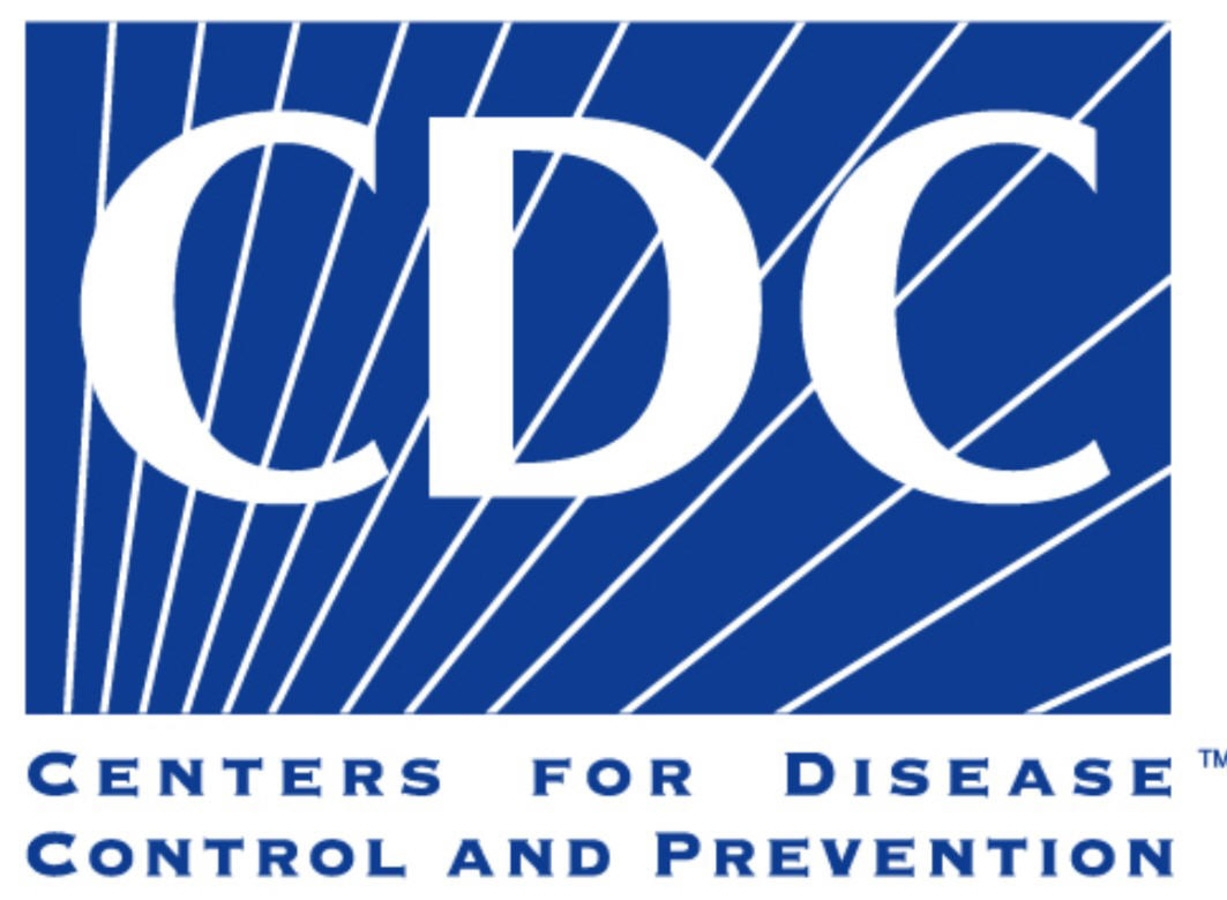 CDC Centers for Disease Control and Prevention Logo, white text on blue background with white diagonal lines